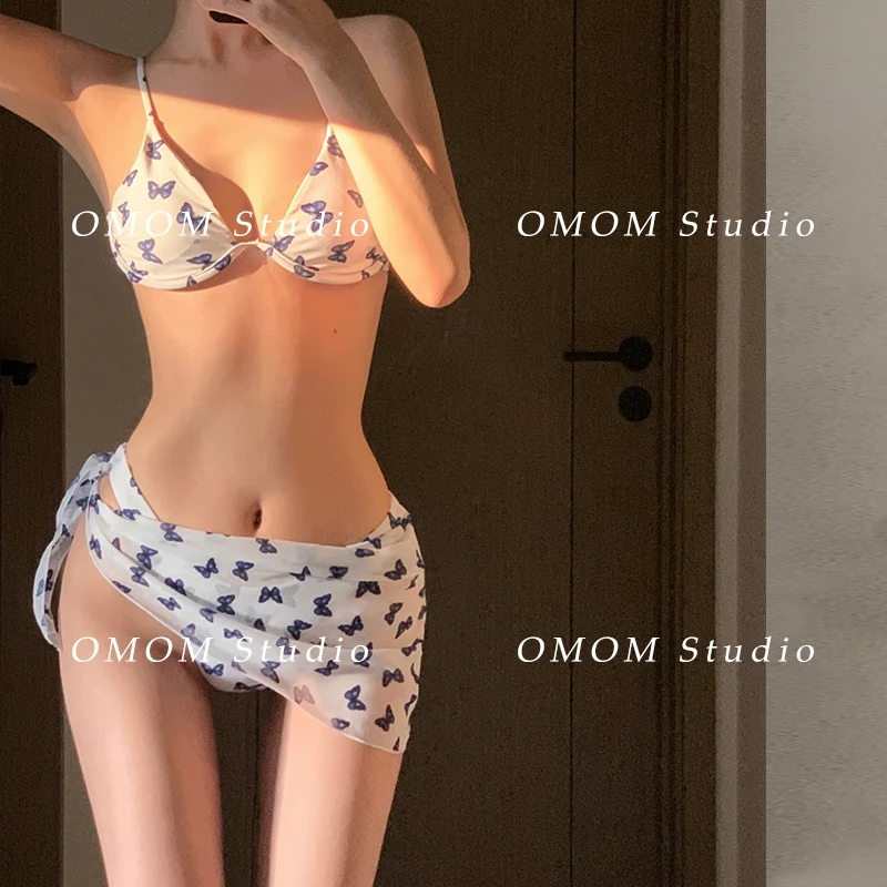 OMOM新款时尚辣妹比基尼三件套女蝴蝶小众度假性感纱裙遮肚018