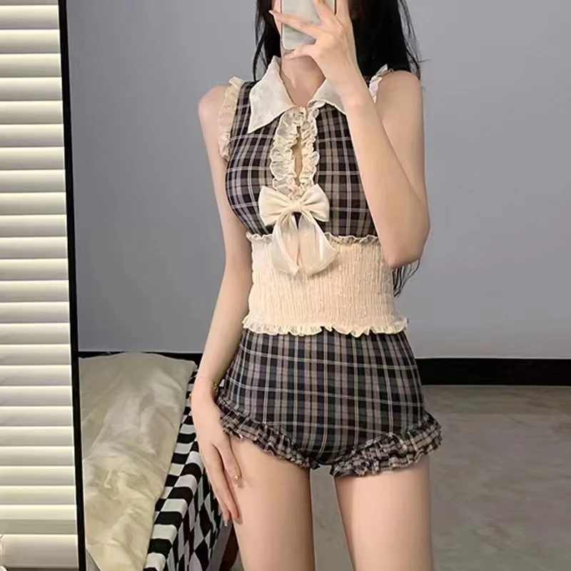 泳衣女【星光学院】显瘦遮肉连体三角泡温泉少女学生游泳衣2255