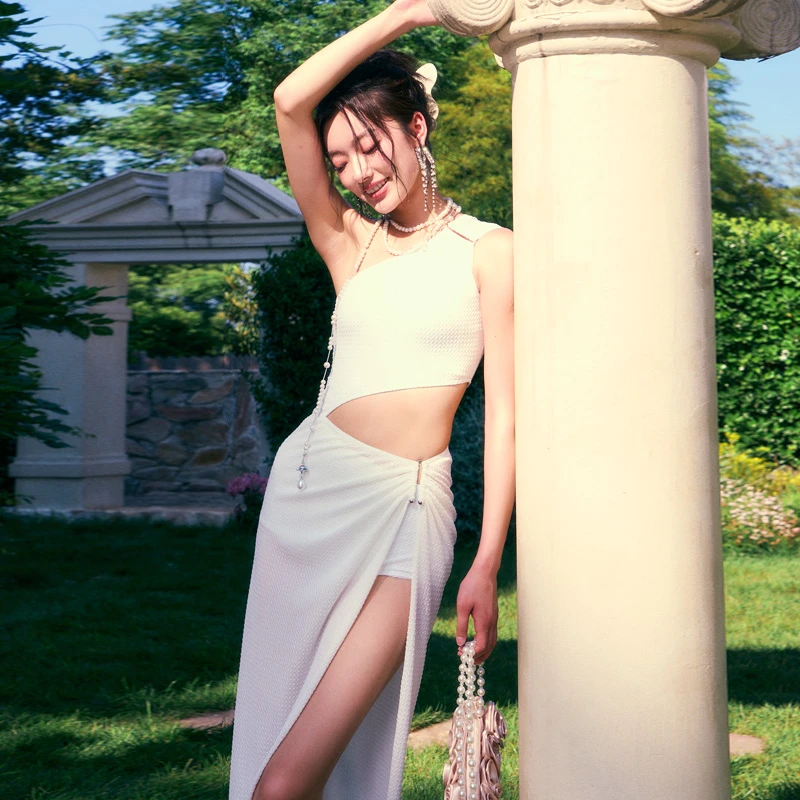 新款摩登连体泳衣高开叉长裙沙滩度假长裙单肩温泉游泳衣3232