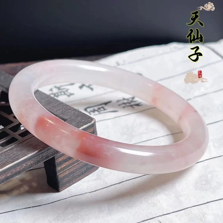 鸡血玉白底红53圈贵妃料粉色圆条手镯手饰配饰带证书包邮