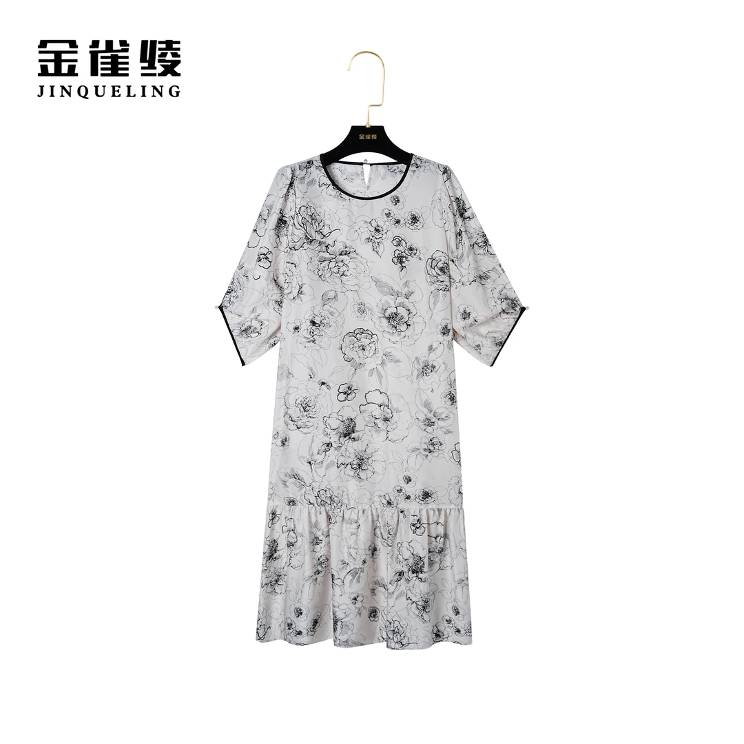 金雀绫【枫丹白露】桑蚕丝夏季新款圆领轻奢印花显瘦连衣裙B23053