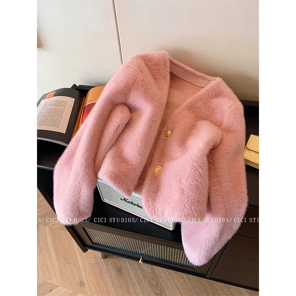 粉色短款环保皮草短外套女冬新款小香风毛毛外套