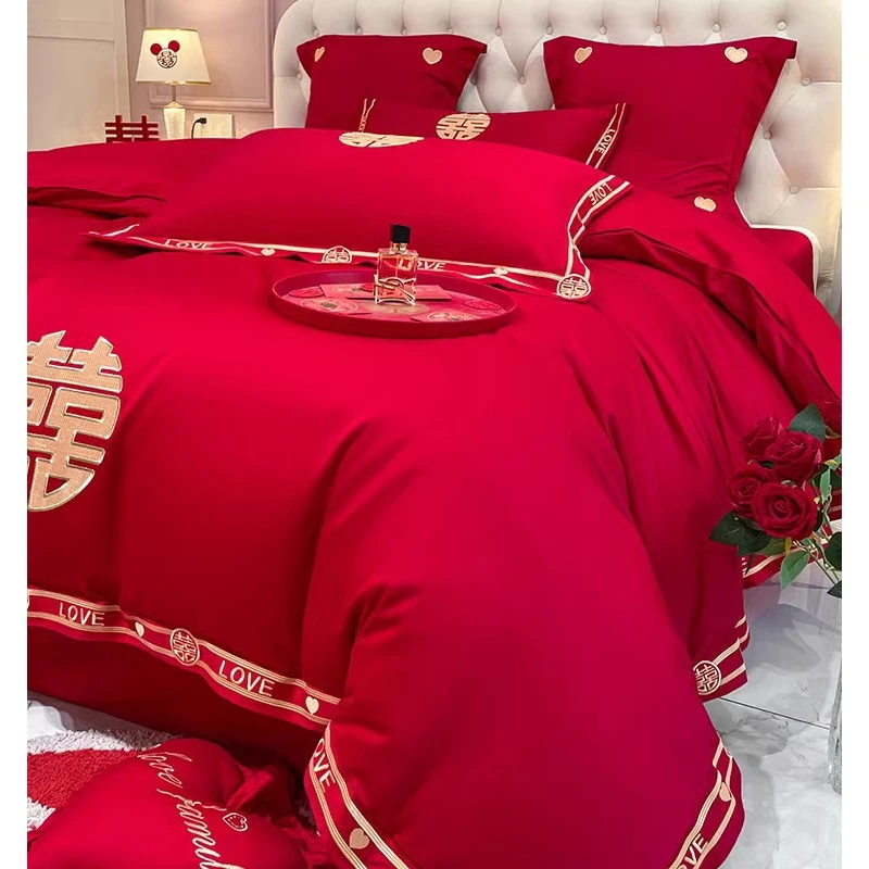婚庆四件套非纯棉全棉床上用品新婚被套结婚大红色床单水洗棉刺绣