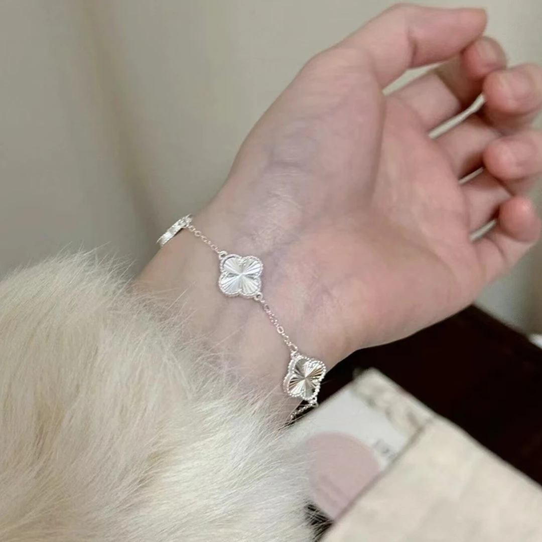 足银手链 纯银镭射五花四叶草足银手链时尚轻奢宫廷百搭精致简约