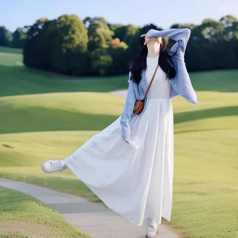 2025早春季女装穿搭一整套初恋清纯奶甜套装白色收腰气质连衣裙子