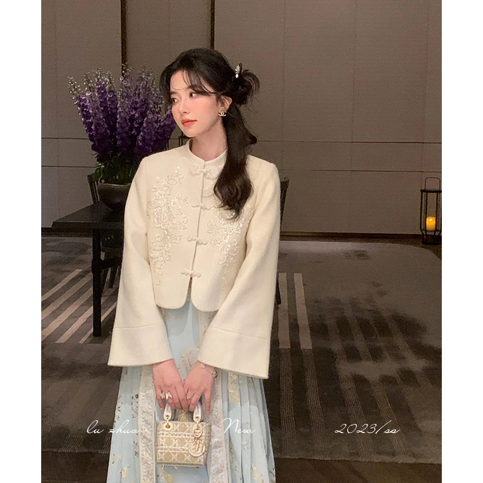 2024新款新中式风毛呢时尚高级感短外套女加厚冬季半身裙两件套女