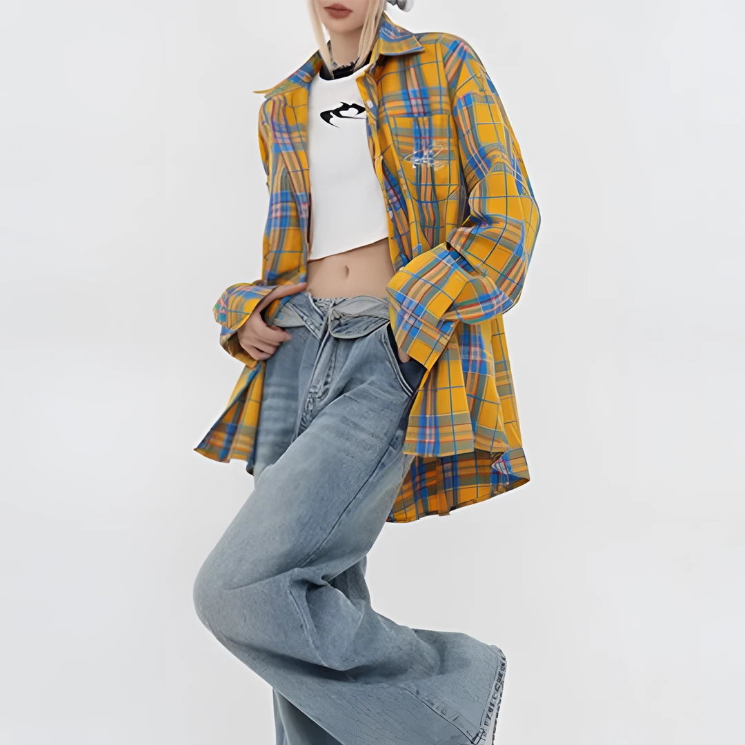 春秋时尚洋气长袖格子衬衫休闲秋款翻领设计感小众衬衣外套潮