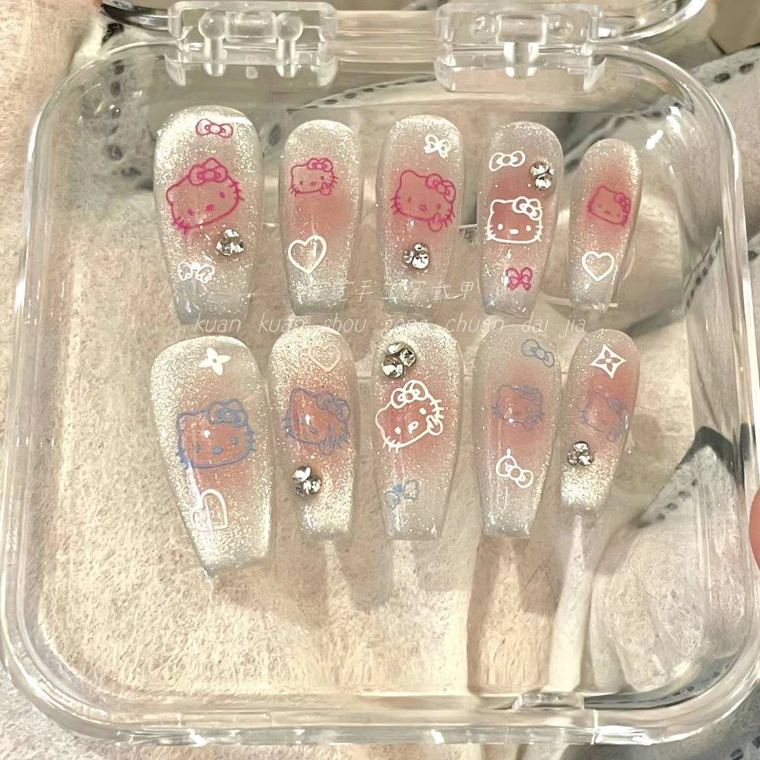 宽原创『小Kt』kitty 可爱KT猫粉色腮红爆闪猫眼学生纯手工穿戴甲片