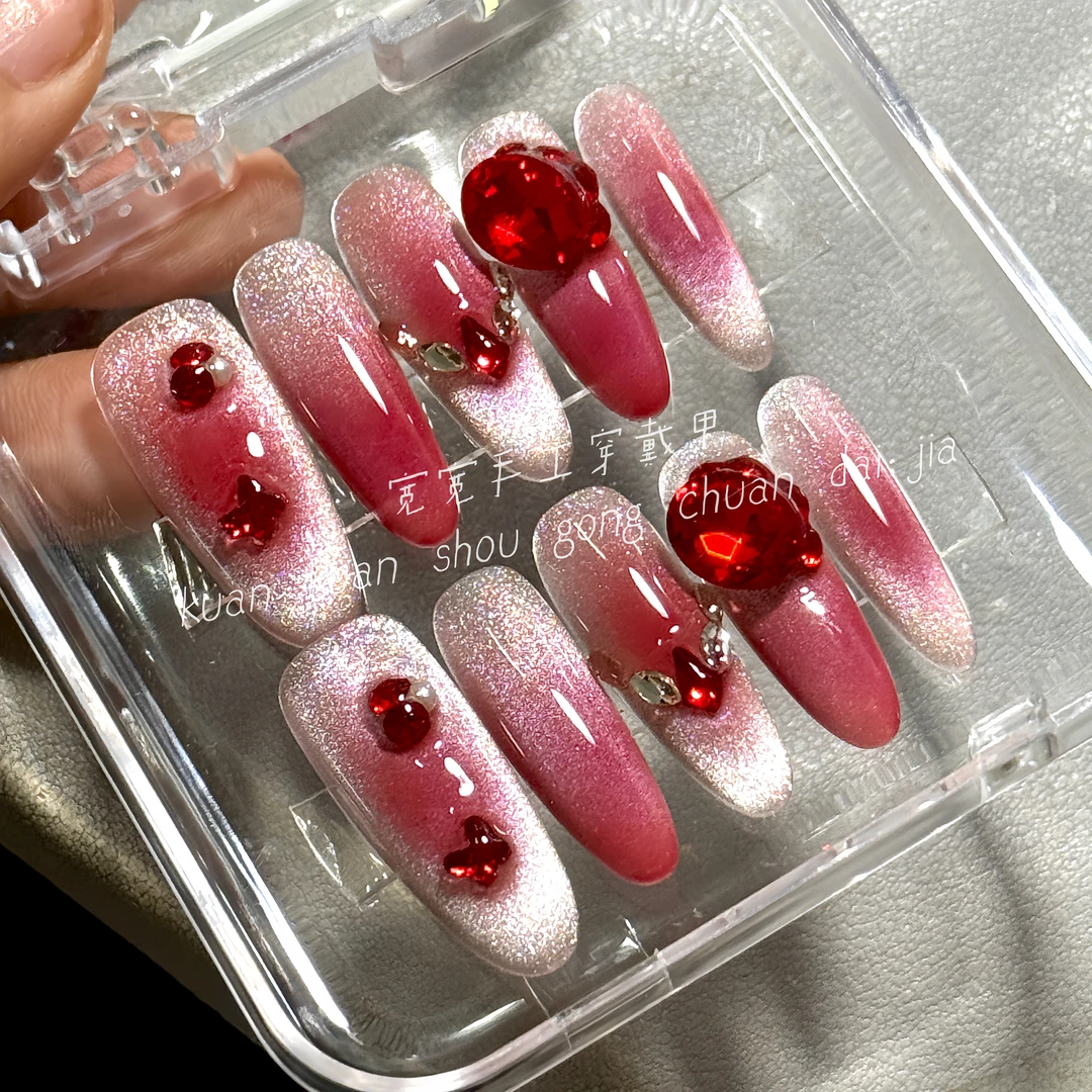 宽宽家『赤欲』红色堆钻猫眼秋冬高级ins 新年战甲显白纯手工穿戴甲