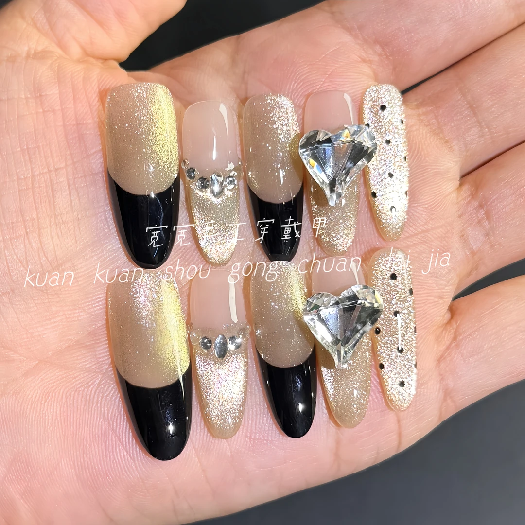 宽宽家『香槟』纯手工穿戴甲法式香槟色气质波点猫眼设计甜辣千金风