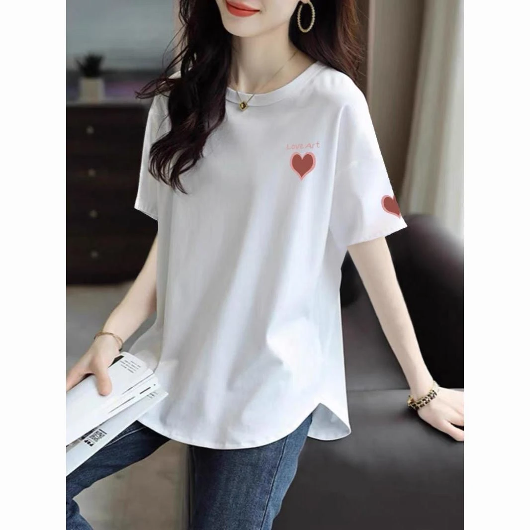 【啄木鸟】纯棉短袖t恤女中长款2024夏季韩版印花宽松大码圆领上衣