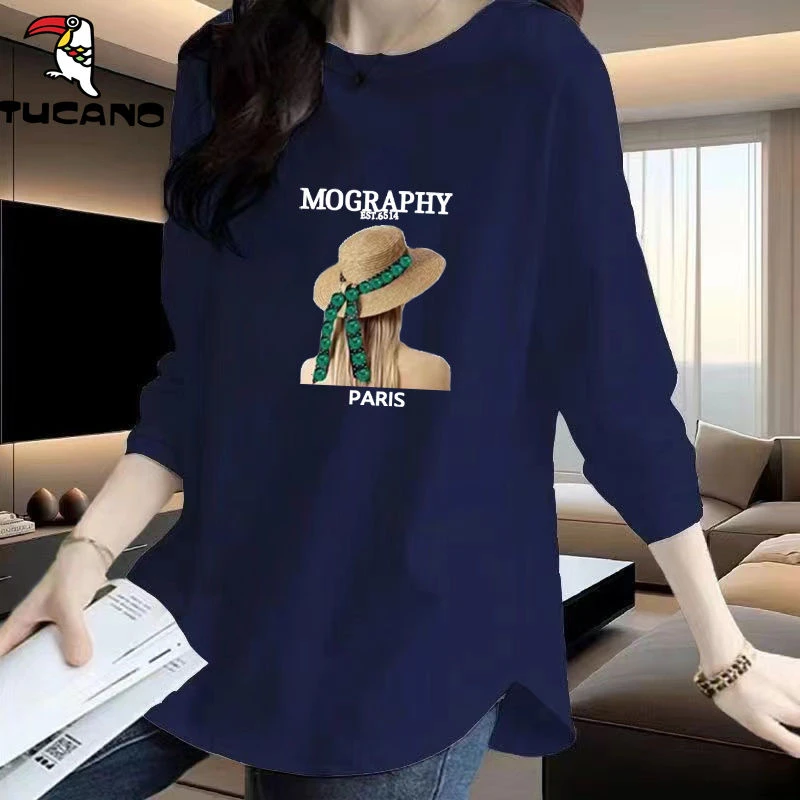 啄木鸟2024秋冬女新款圆领印花中长款打底衫长袖T恤宽松休闲上衣