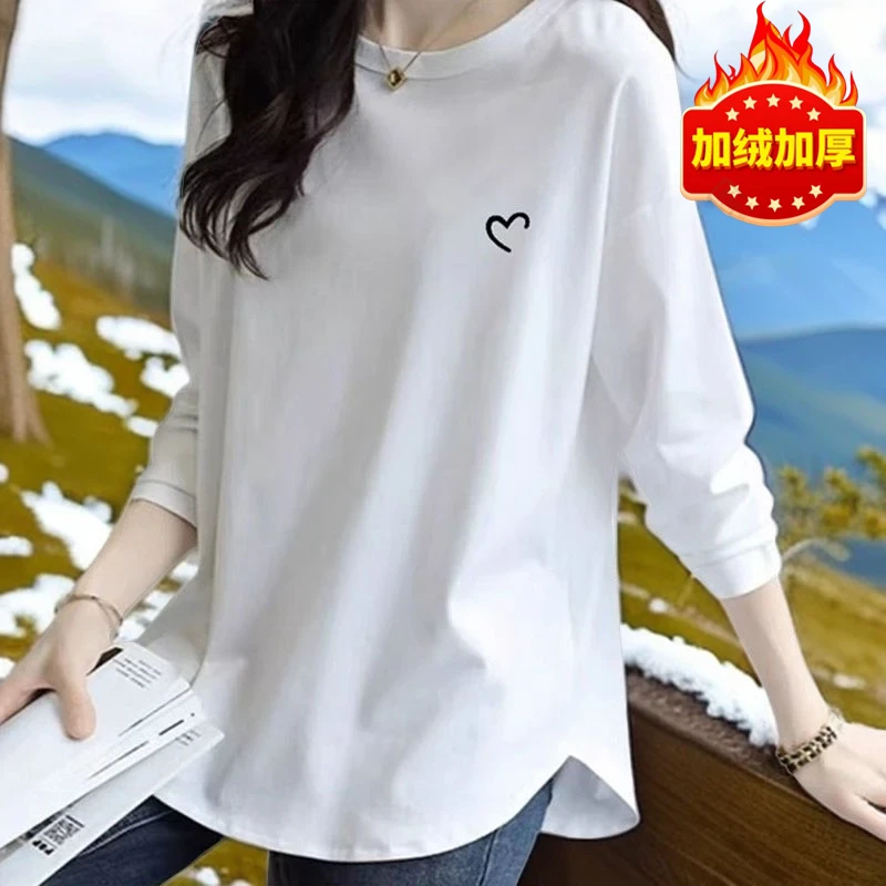 啄木鸟加绒纯棉中长款女T恤春秋新款宽松弧形胖mm显瘦打底ins上衣