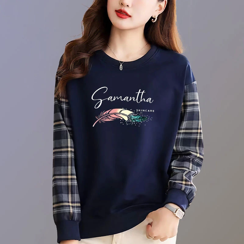 新款圆领格子拼接长袖上衣女2024薄款字母印花百搭减龄外穿卫衣女