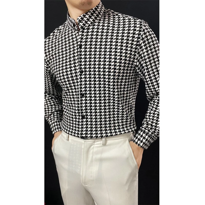 2025年春秋新款红色千鸟格衬衫高弹力修身显瘦衬衫休闲时尚雅痞衬