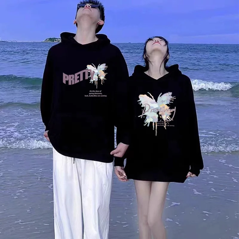 【两件装】情侣装印花卫衣秋冬爆款一男一女加绒连帽外套帽衫2025款