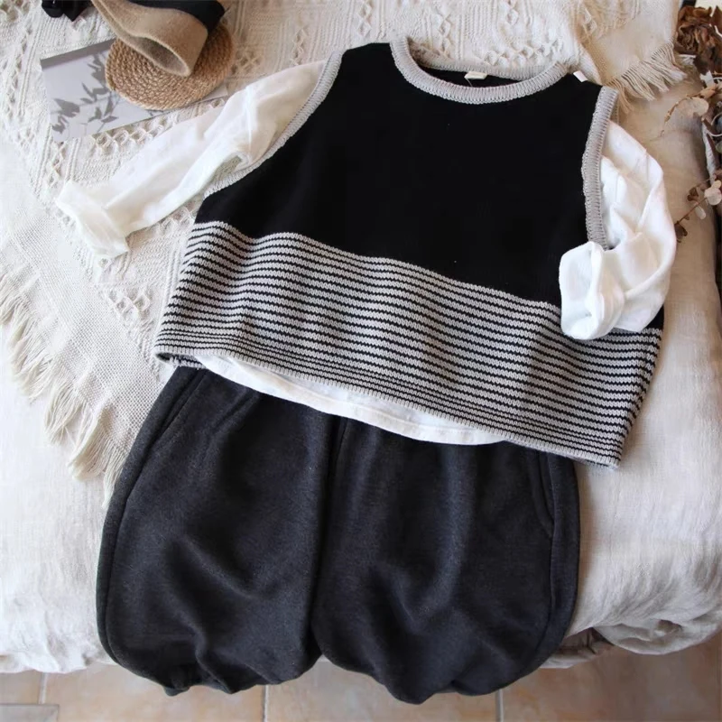 ins风拼接条纹韩国男女童百搭坎肩毛衣儿童宽松洋气套头马甲