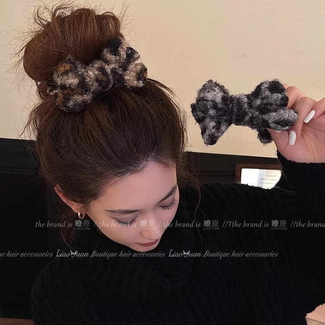 韩国秋冬气质豹纹丸子头抓夹女高级感新款蝴蝶结发夹后脑勺鲨鱼夹
