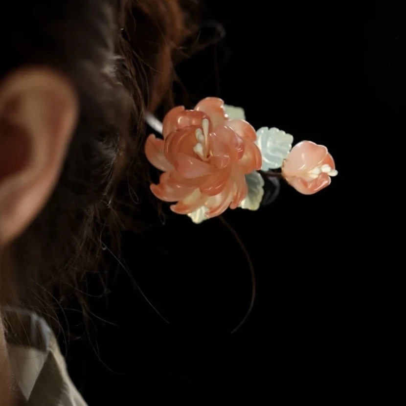 橘粉芙蓉高定森系木质手工仙气发簪百搭国风古风头饰新中式发饰