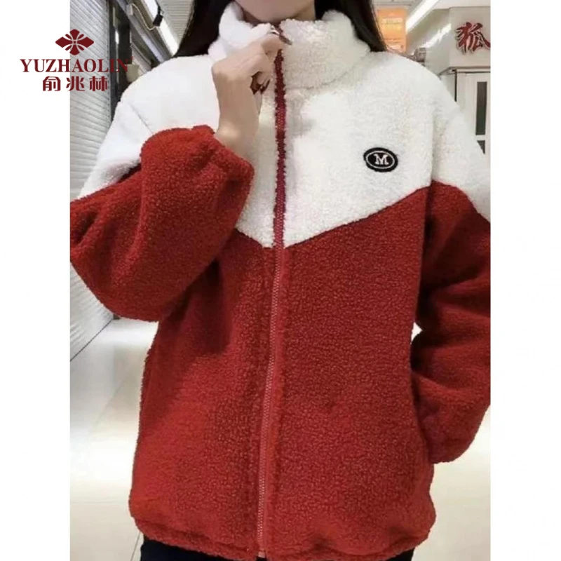 时尚妈妈新款休闲外套秋冬中年女士加厚百搭羊羔毛加绒颗粒绒上衣