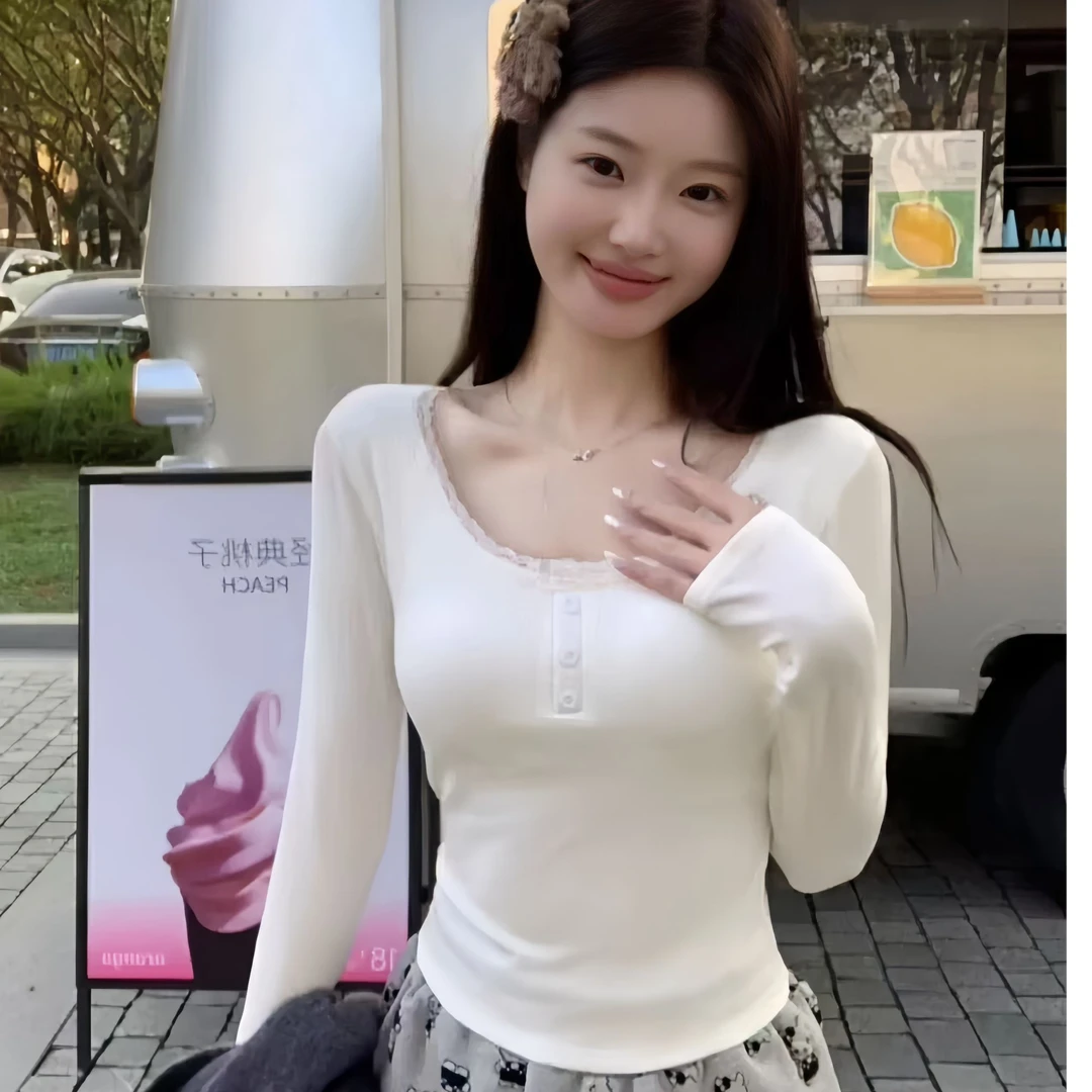 白色内搭蕾丝边长袖T恤2024新款女士秋冬打底衫短款甜辣小上衣服