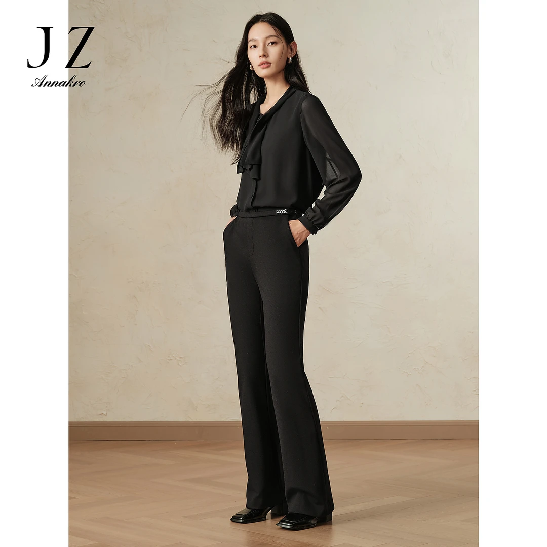 玖姿安娜蔻JTED11036优雅百搭舒弹显瘦修身磨毛微喇裤女装2024冬