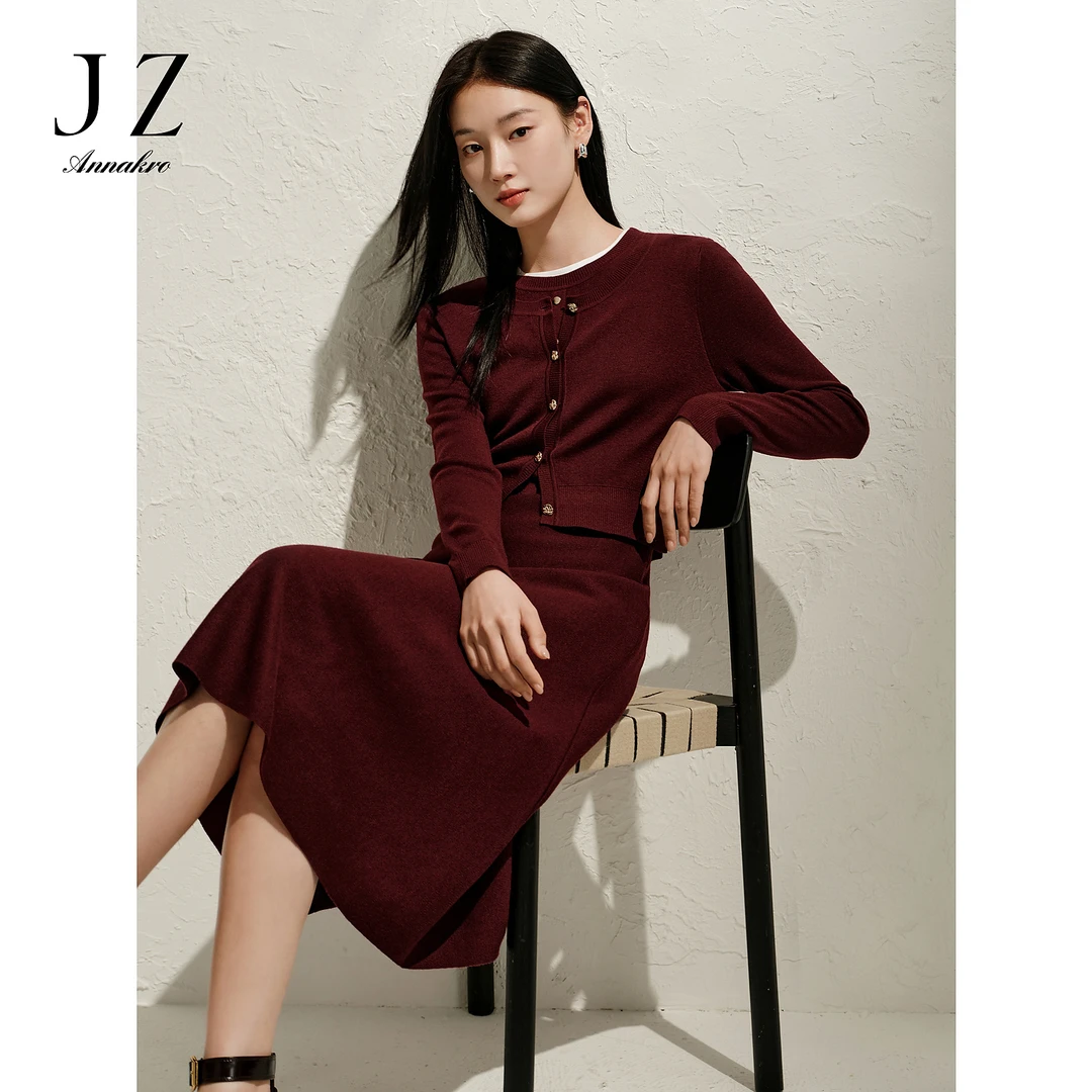 JZ玖姿KWFC31410高级感安可拉红假两件羊毛连衣