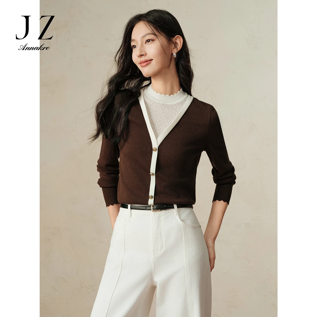 玖姿安娜蔻JTED31008轻熟风柔软花边长袖套头衫针织女