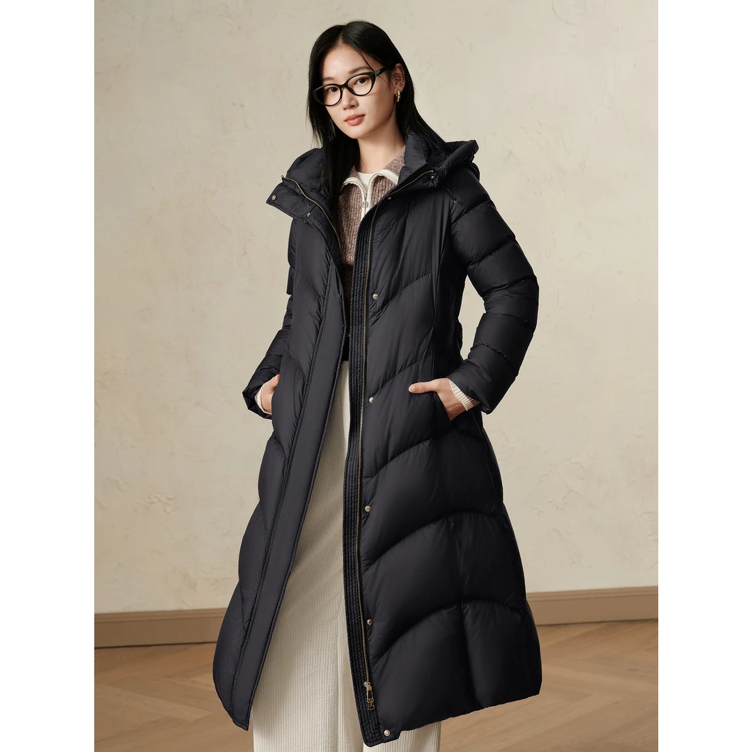 玖姿安娜蔻JTED03120优雅时尚通勤收腰连帽保暖白鸭绒长羽绒女冬