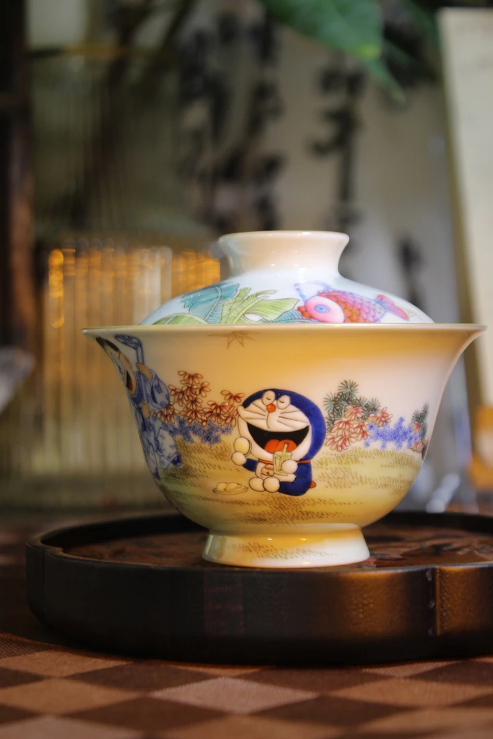 【蔡老师专属】念物山坊*机器猫穿越茶具系列两才盖碗 纯手工陶瓷