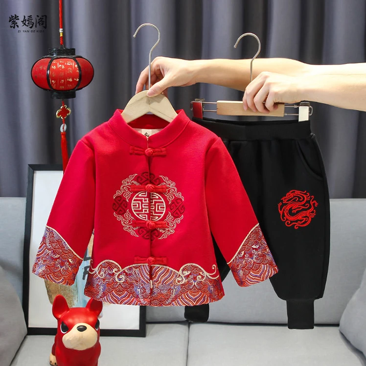 男宝宝周岁礼服儿童中国风唐装小男孩抓周衣服中小童一体绒拜年服