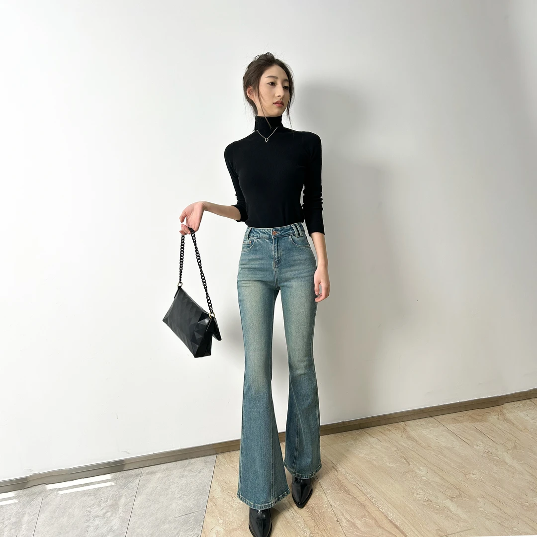 BiGMor原创上新修身休闲时尚显瘦显腿长喇叭裤牛仔裤女