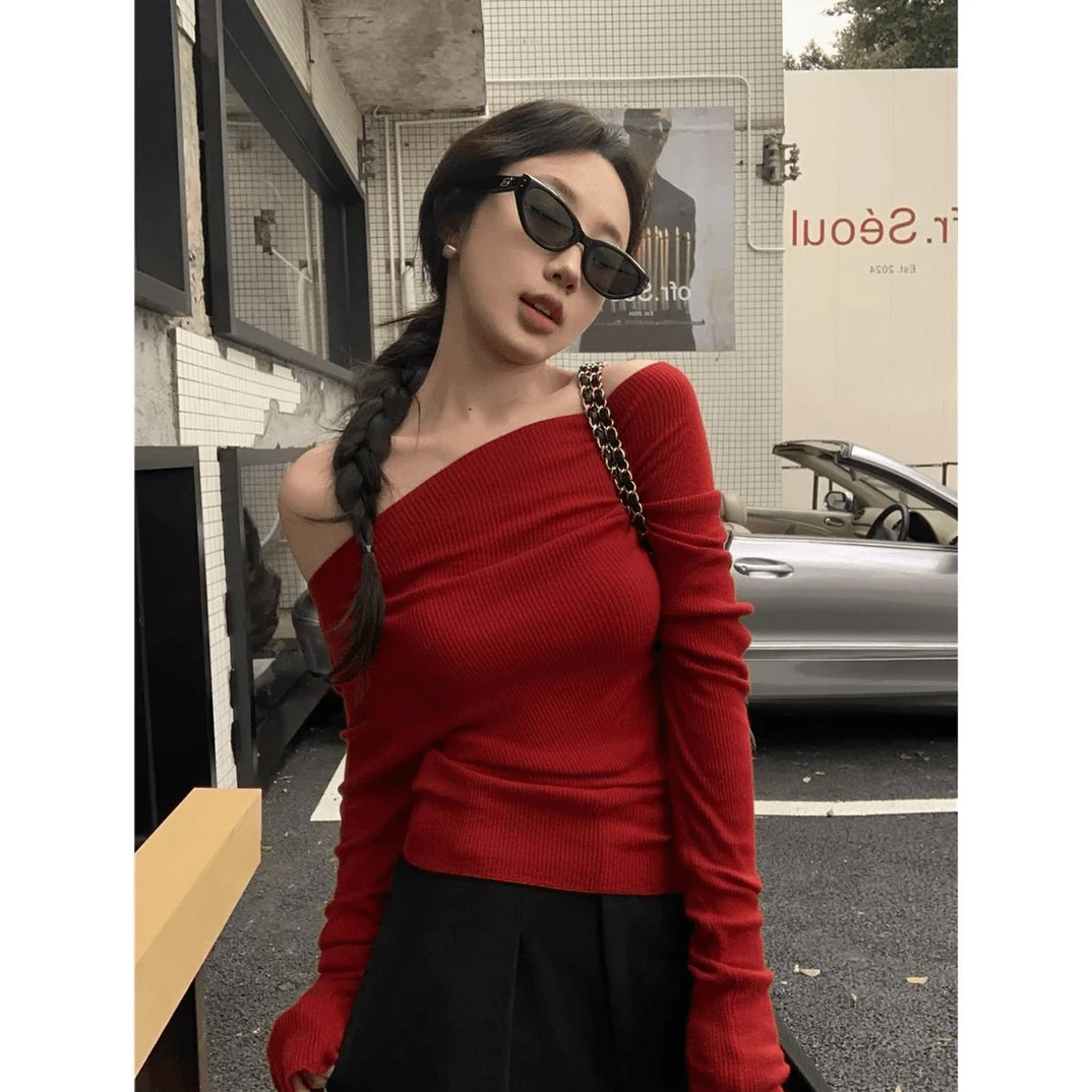 一字肩气质显瘦长袖针织衫斜肩修身设计感辣妹性感露肩打底衫上衣