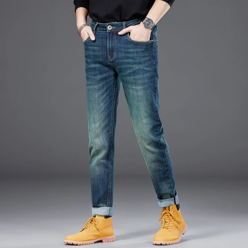 尊至奢【茶色轻奢】棉弹高端复古蓝弹力修身直筒百搭男士时尚牛仔裤