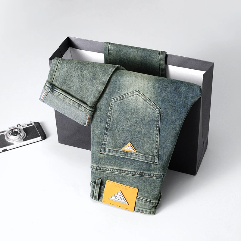 黄泥染男士牛仔裤秋冬季修身轻奢弹力休闲裤时尚潮牌欧货小脚裤子