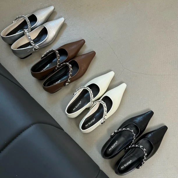 777-2  韩版链条一字带尖头单鞋2024 年百搭新款时尚气质低跟单鞋