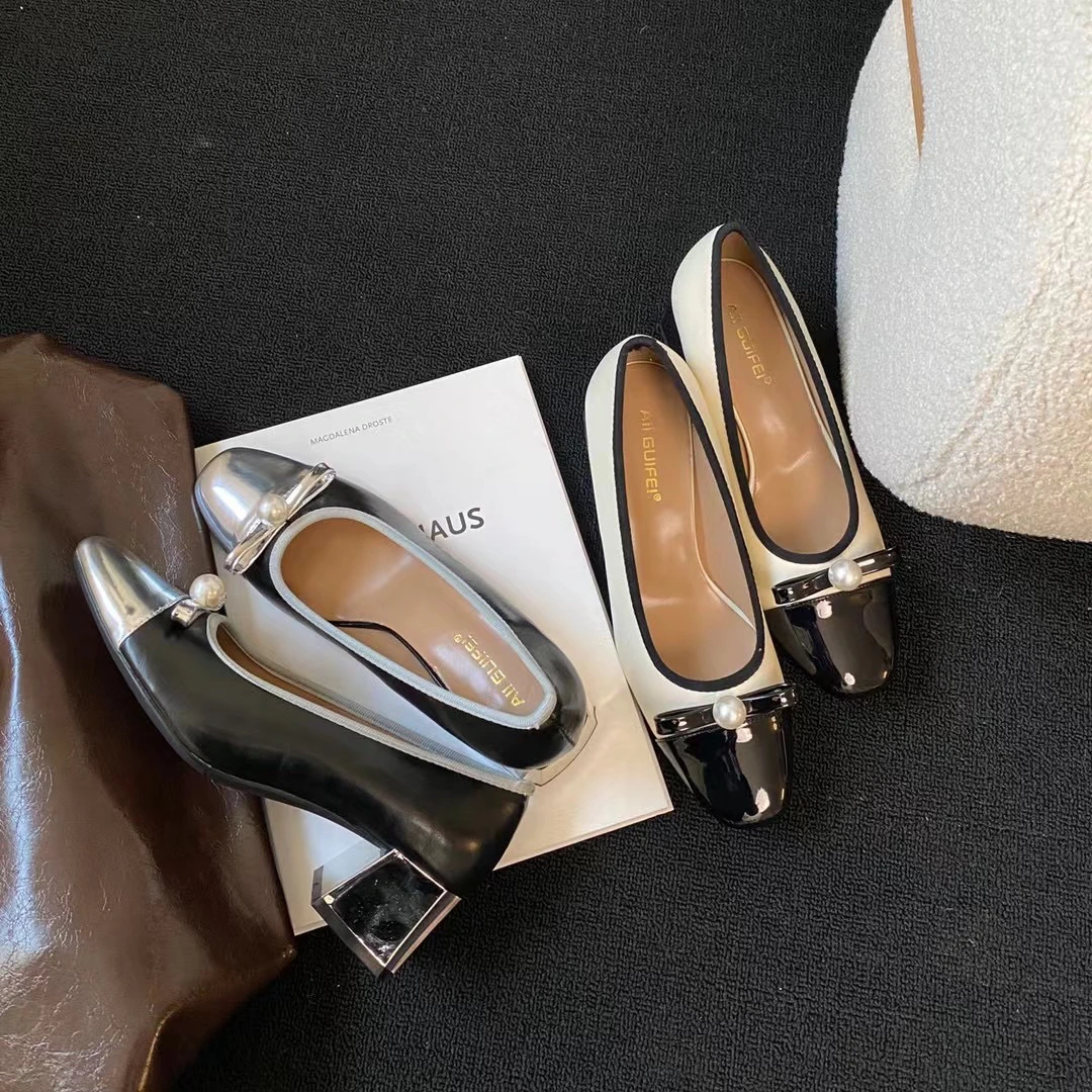 516-1 时尚精致小香风单鞋女士珍珠女鞋2024春季新款粗跟百搭舒适