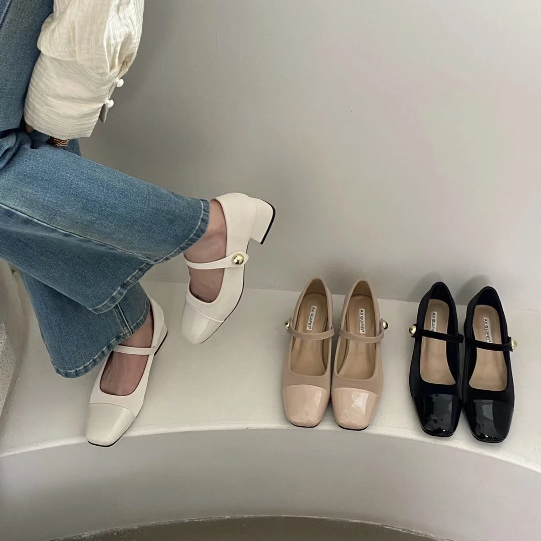 D36-1 韩版拼色气质单鞋2024百搭新款高级方头气质名媛粗跟女单鞋