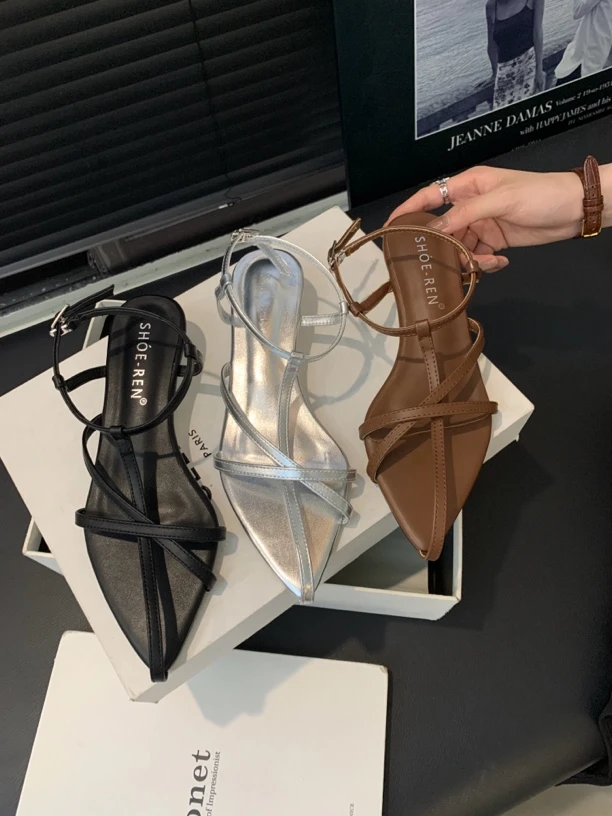 611-1 尖头百搭气质交叉细带平底一字扣新款镂空十字露趾凉鞋拖鞋