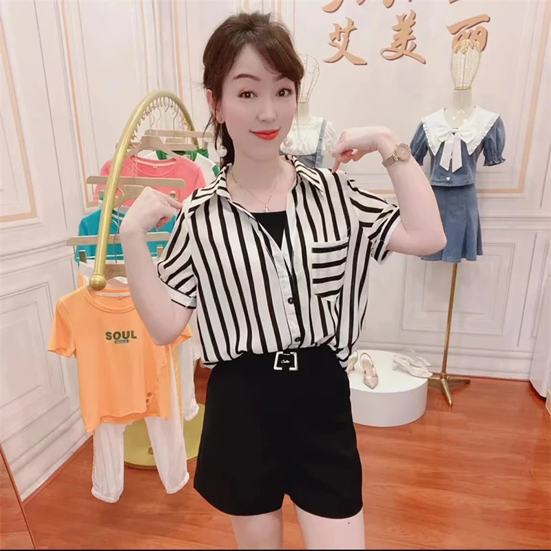 雪纺条纹短袖假两件衬衫女2025夏季时尚减龄宽松遮肚显瘦洋气小衫