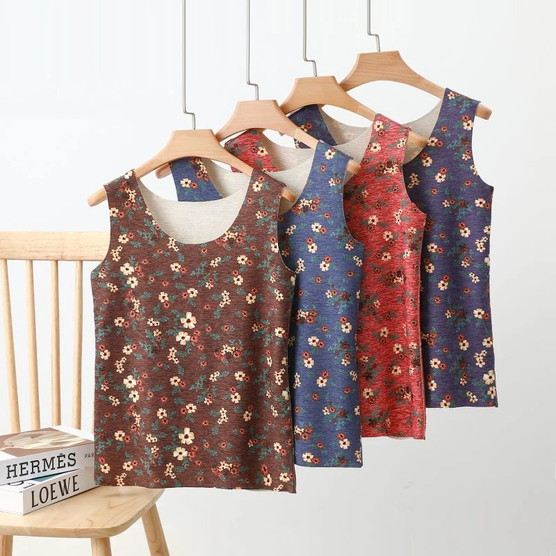 德绒碎花背心女秋冬加绒加厚保暖无袖上衣花色甜美修身内搭打底衫