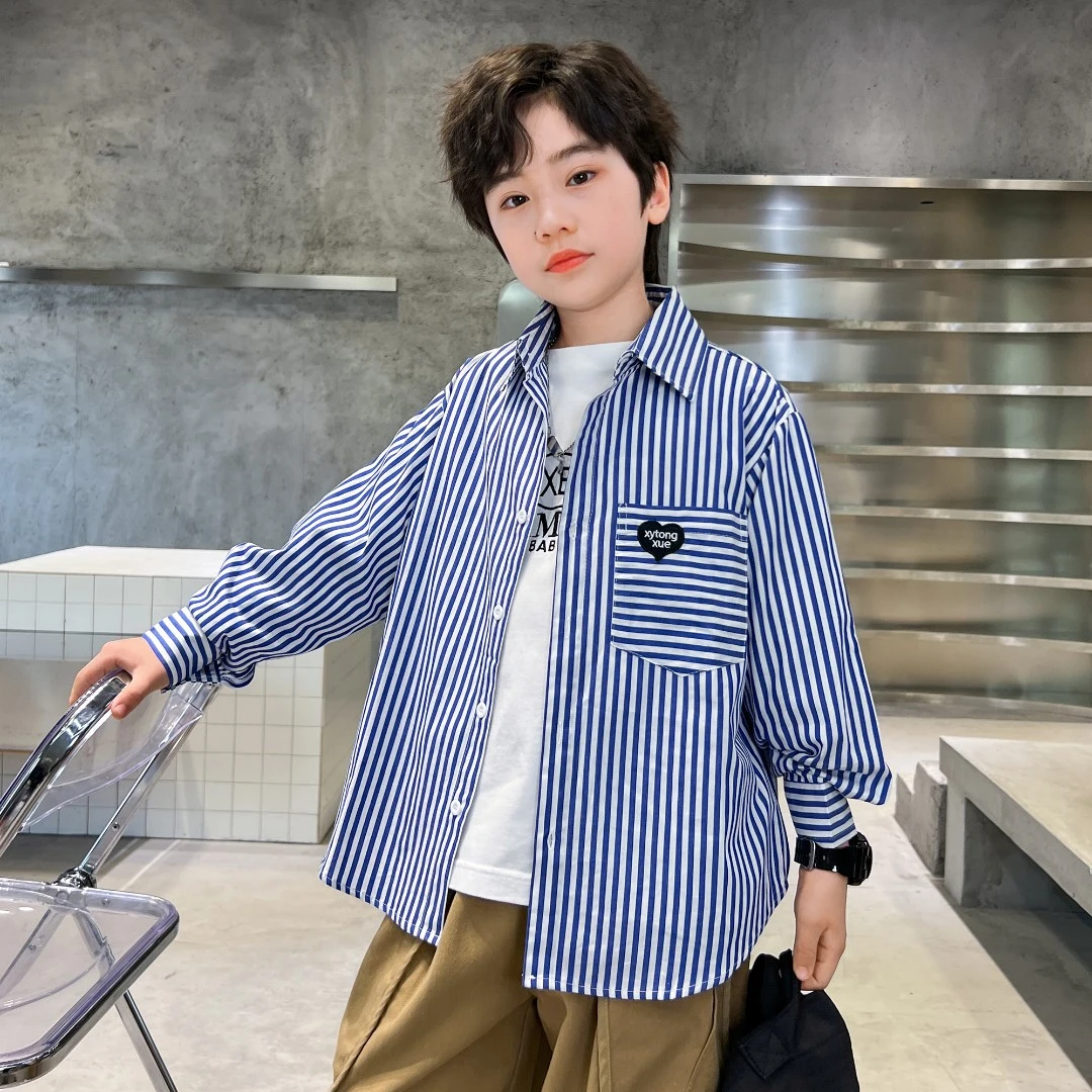 2025新款男童100%棉条纹刺绣衬衫上衣春秋装儿童休闲长袖条纹衬衣