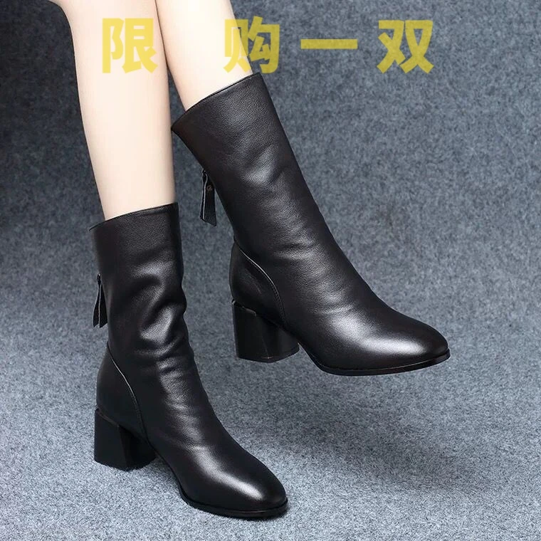 红蜻蜓牌真软皮短靴女中跟方头秋季单靴2021冬季新款中筒靴女粗yy