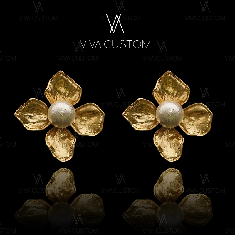 合金仿珍珠耳饰 古典时尚素款气质轻奢优雅金色棉花珠珠花朵耳钉；