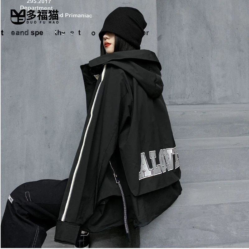 多福猫原创潮牌春季黑色刺绣连帽外套女2025年新款工装冲锋衣宽松