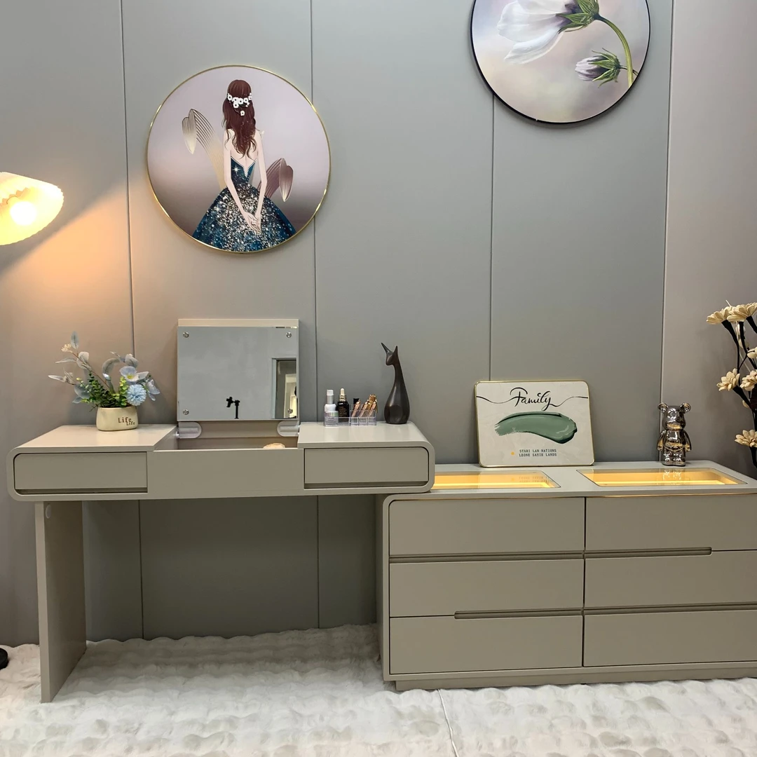 多功能实木奶油风烤漆翻盖化妆柜斗柜一体伸缩床尾梳指纹锁隐藏抽