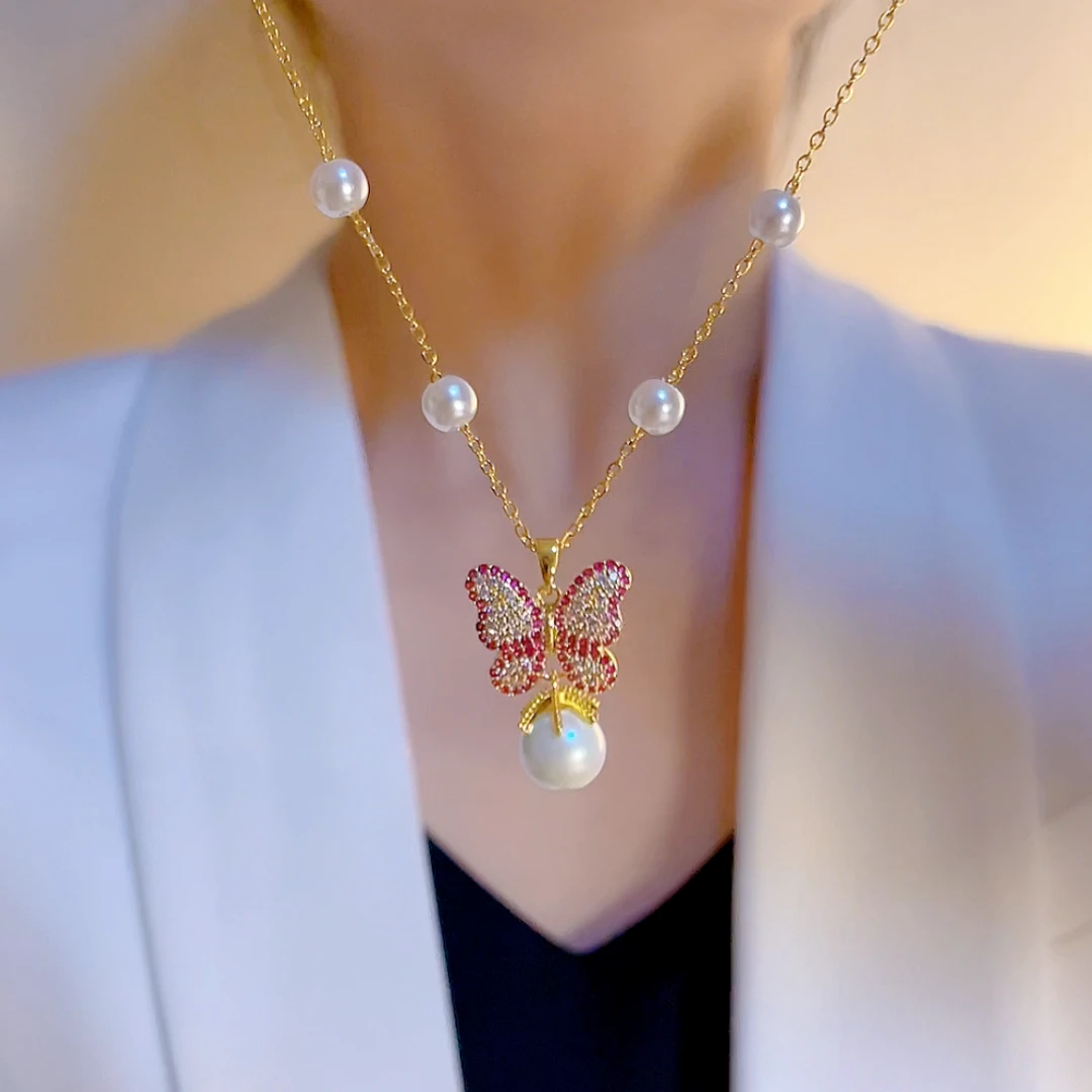 钛钢合成锆石项链 新款人鱼姬蝴蝶小众轻奢设计感结项链女