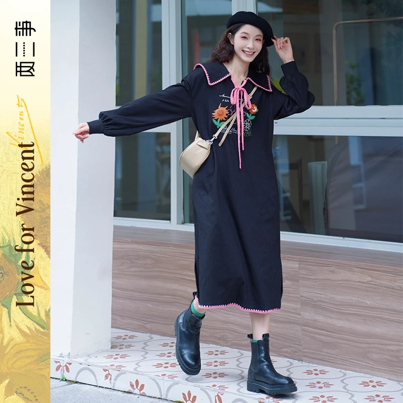 两三事梵高文艺灿烂依旧 立体花朵印花绑带翻领连衣裙S24QLY629
