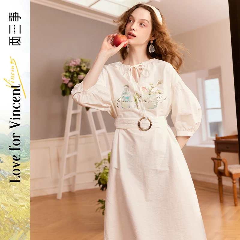 【两三事】梵高文艺 微甜清泉 油画印花镂空系带连衣裙S24XLY732