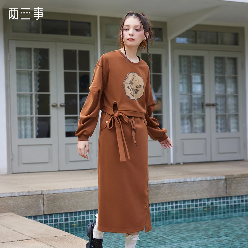 【两三事】 赤霞余晖  复古印花图案绑带设计卫衣套装S23XTZ008-1
